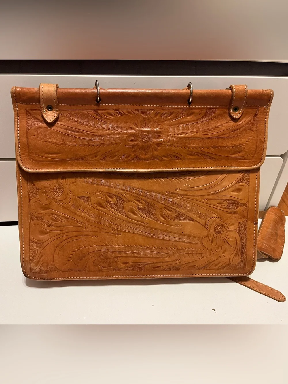 Hand-Tooled Vintage Leather Satchel Bag in Tan